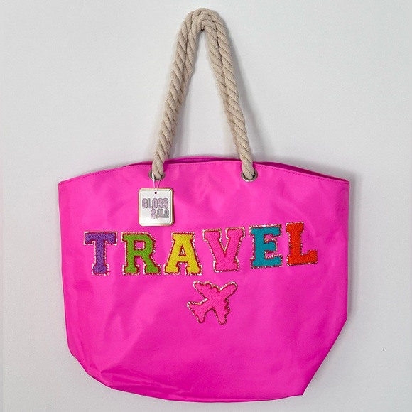🦋Gloss & Glo Travel Hot Pink tote (Nylon) bag with patches - Picture 5 of 6